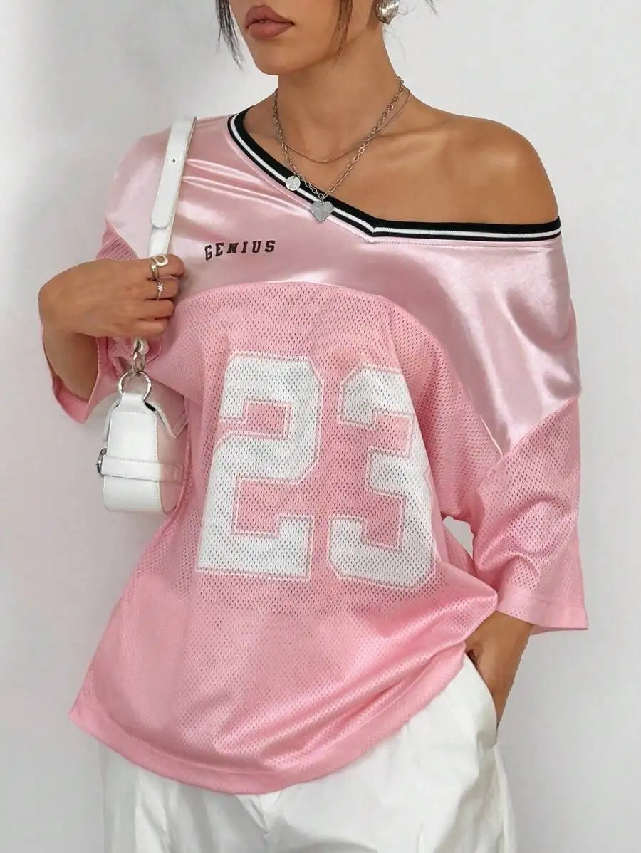 

Pink Mesh Patchwork Off-Shoulder T-Shirt With Number Print Casual Summer Top