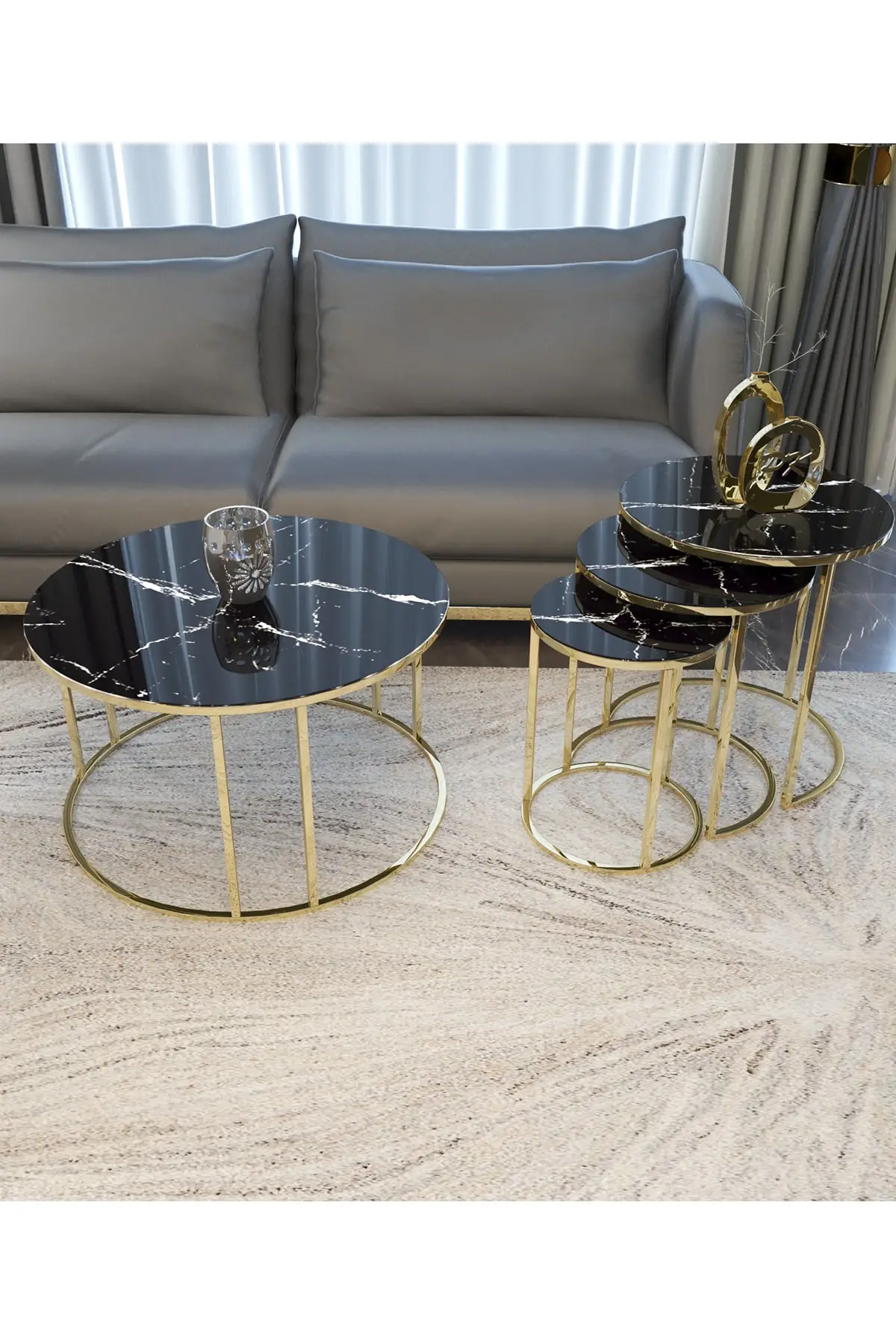 Zigon Medium Coffee Table Set, Unbreakable Glazed Black Marble Pattern