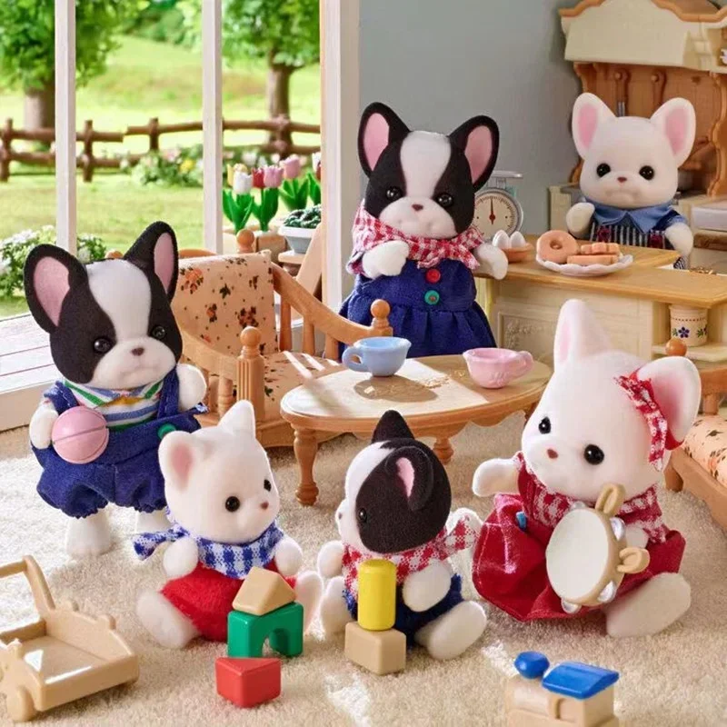 Hot New Sylvanian Families Anime Bulldog Family Shiba Dog Family Desktop Decoration Flocking Doll Collect Toy Birthday Xmas Gift