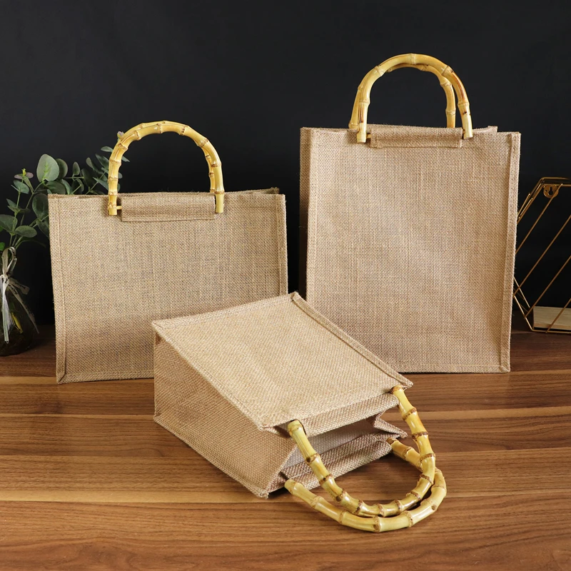 

Bamboo Handle Vintage Jute Shopping Bag Cotton Linen Handbag Home Supermarket Shopping Bag Eco-friendly Large Capacity