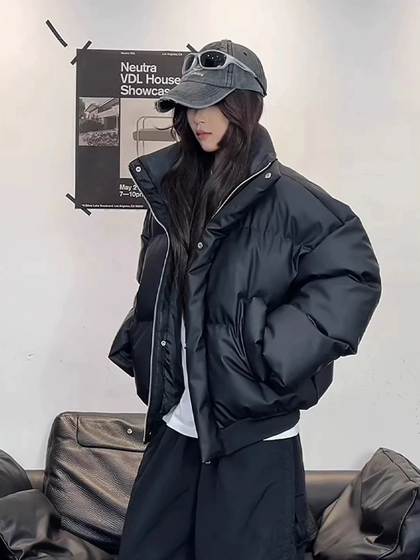 

Bla ort Хлопковое пальто из искусственной кожи Jaet Thi Теплое зимнее пальто ex American Sle с воротником-стойкой Bread Loose Fit Youth Faion