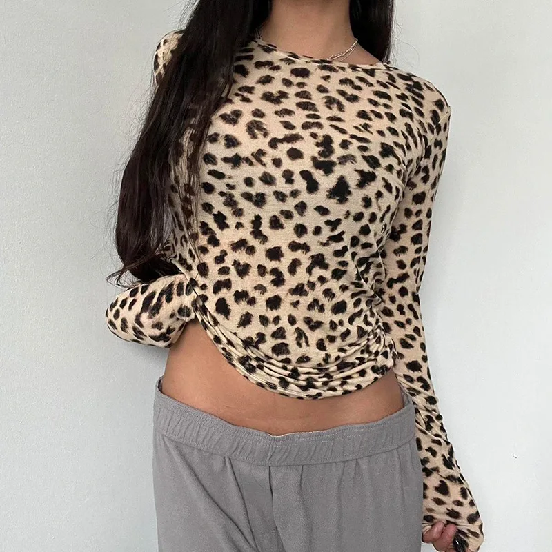 Sexy Spice leopard print color contrast basic long sleeve T-shirt cross border round neck slimming bottom top