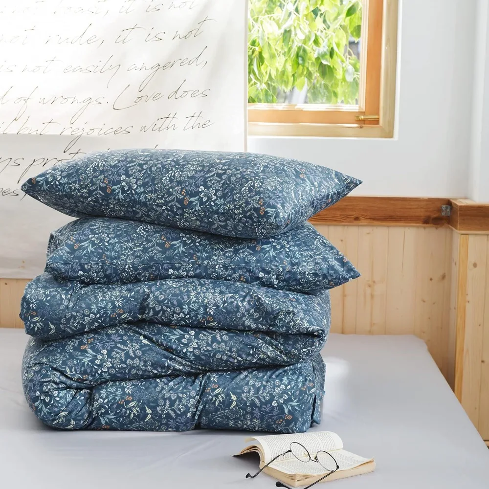 Lace Comforter Set Twin XL Blue Plaid Gingham with 2 Lace Pillowcases Soft Cozy Grid Bedding