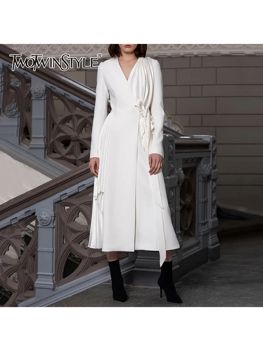 TWOTWINSTYLE Elegant Pleated Lace Up Trench for Women V Neck Long Sleeve Tunic Minimalist White Coats Female Fashion Clothes