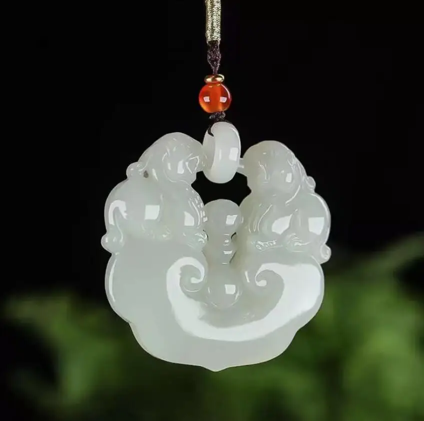 Nature Grade A Icy Light Green HeTian Jade jadeite Hand-Carved pendant Two PiXiu