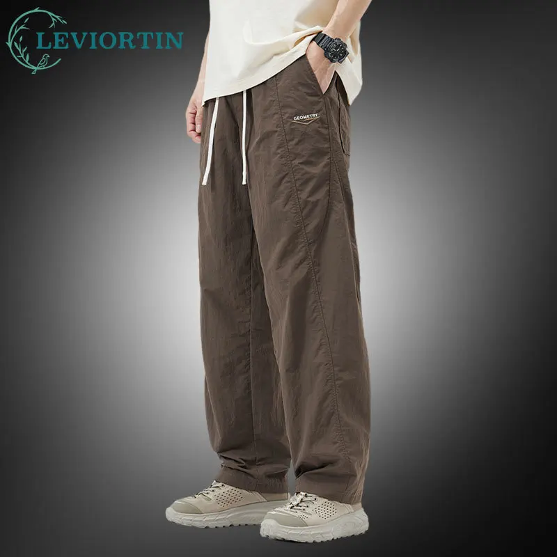 Men's Lightweight Cargo Parachute Pants Summer Loose Fit Cooling Elastic Waist Outdoor Drawstring Sports Trousers Man