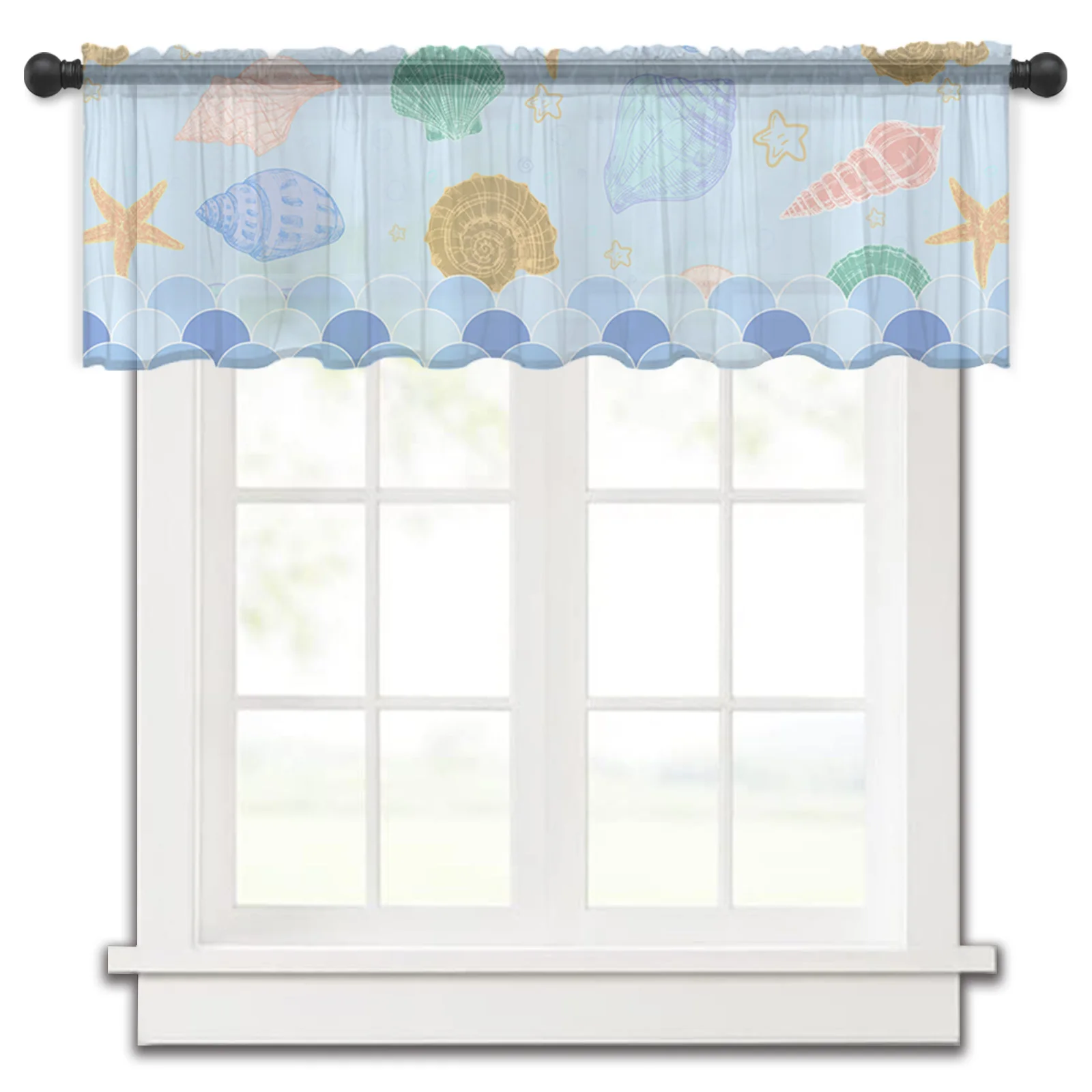 Ocean Shell Starfish Tulle Kitchen Small Window Curtain Valance Sheer Short Curtain Bedroom Living Room Home Decor Voile Drapes