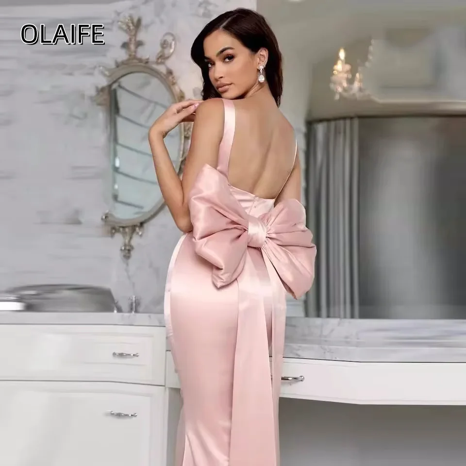 Satin Square Neck Evening Dress Mermaid Sleeveless Party Gown Big Bow Customized Zipper Sweep Train فساتين سهره نسائيه فخمة