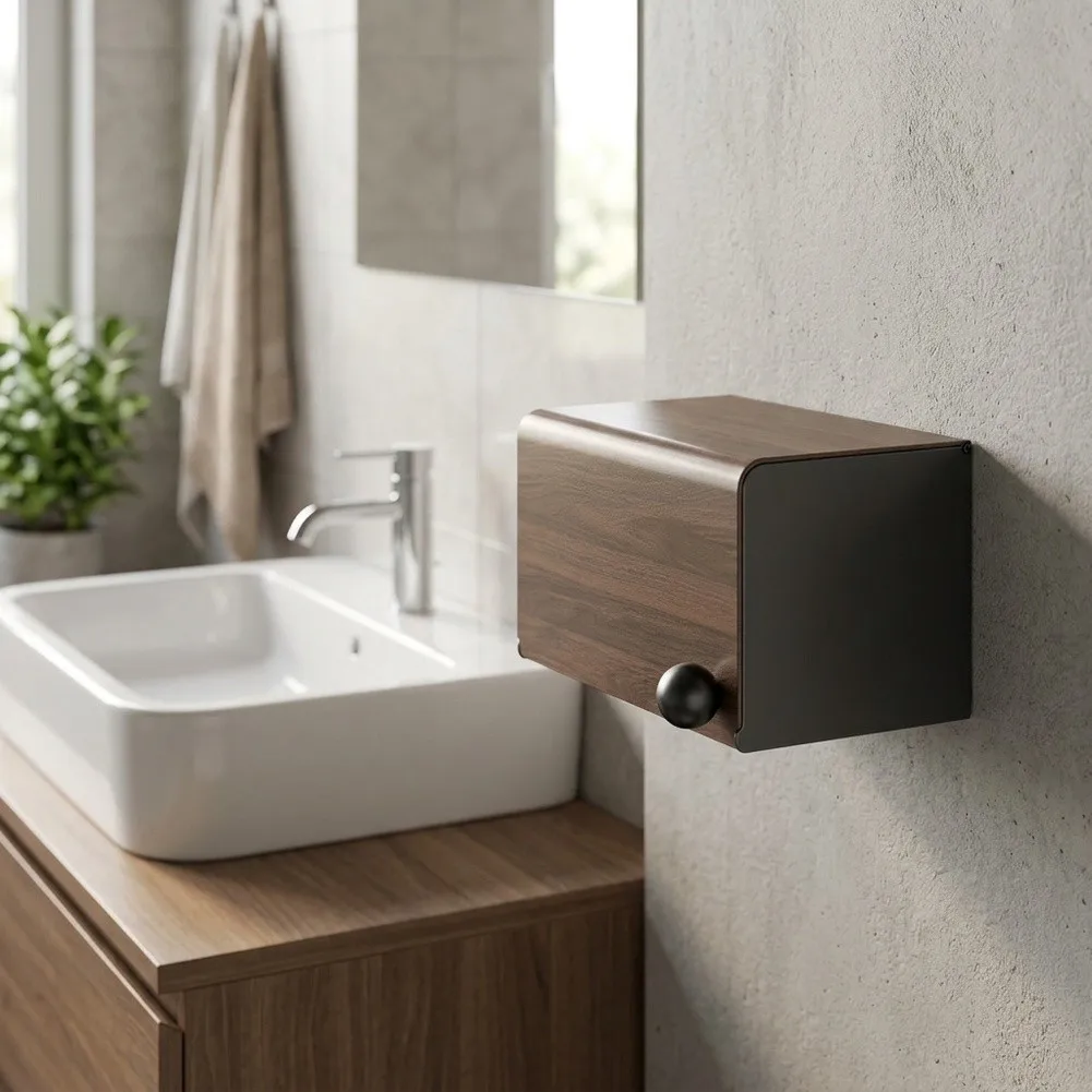 Waterproof Toilet Paper Box for Bathroom with Walnut Wood Texture Finish Long Lasting Roll Paper Drawer Storage