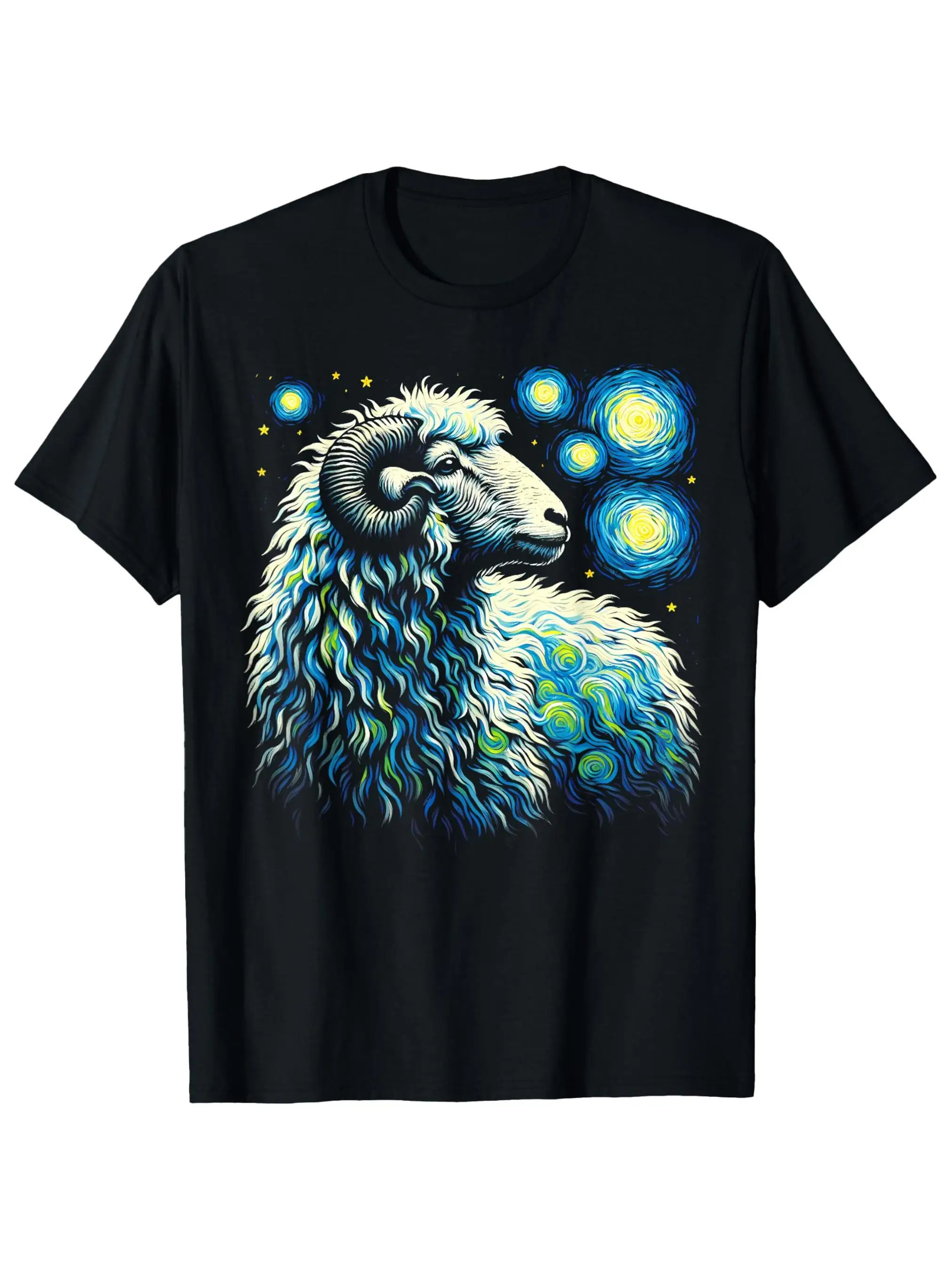 Men's pure cotton breathable sheep art pattern T-shirt under the stars, comfortable and casual breathable crew neck