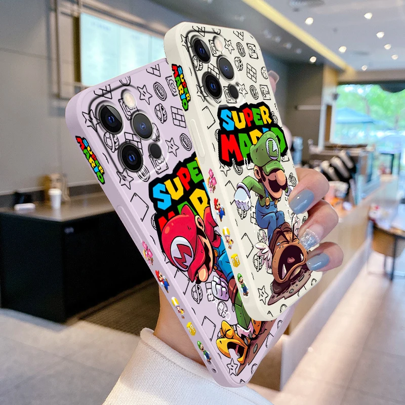 S-Super M-Marios B-Bros Liquid Left Rope For Apple iPhone 15 14 13 12 11 XS XR X 8 7 SE Pro Max Plus Mini TPU Phone Case