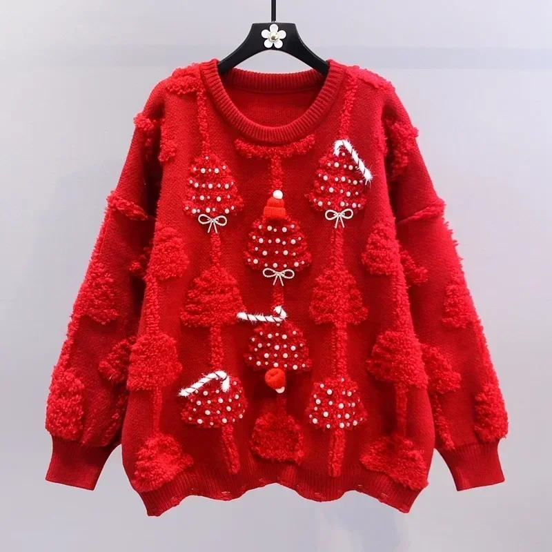 DAYIFUN-Heavy Craft Sweater for Women Jumpers Ladies Loose Knitted Tops Red Christmas Tree Autumn Winter O-neck Knit Pullovers