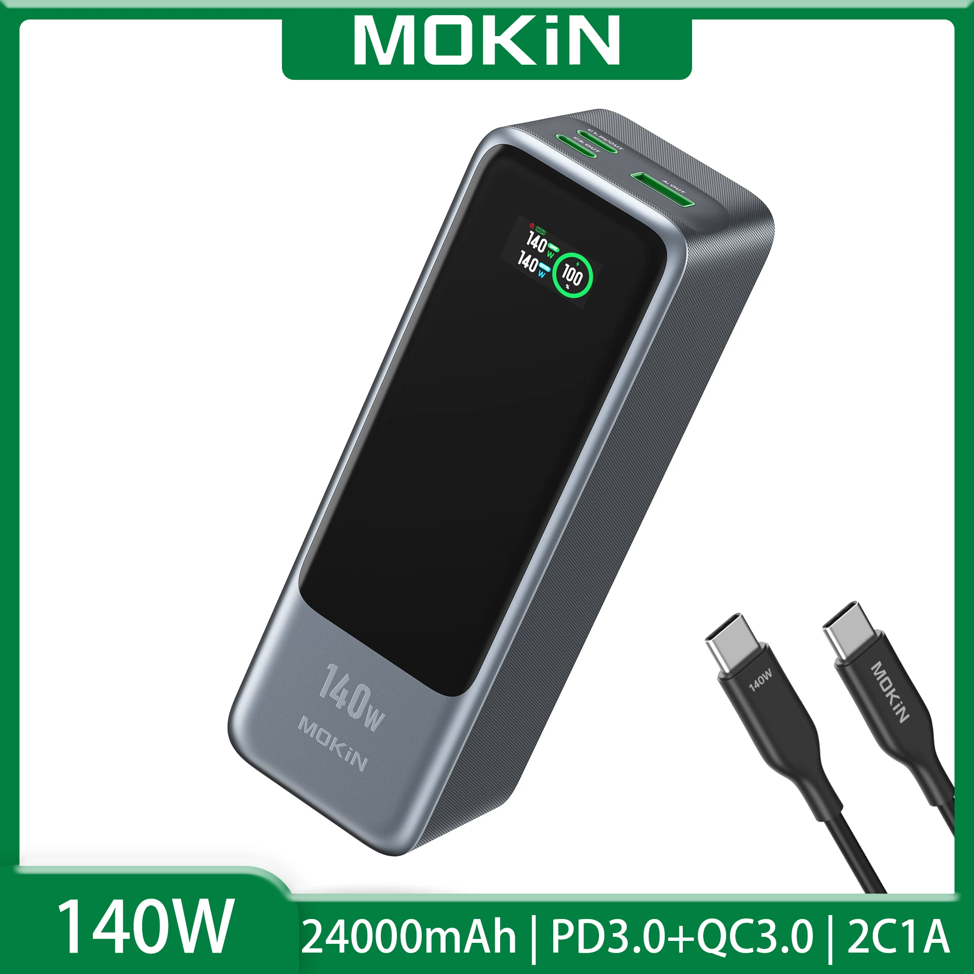 

MOKiN 140W Power Bank 2C1A 24000mAh Fast Two-way Charging Powerbank Type C PD Qucik Charge External Battery Charger For iPhone