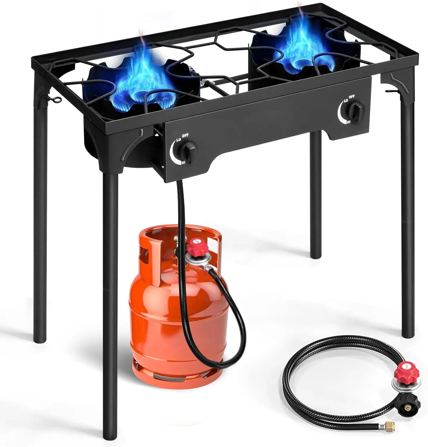 2 Burner Propane Gas Stove for Outdoor Cooking, 150,000 BTU Camping Cooker with Removable Legs, Temperature Control Knobs