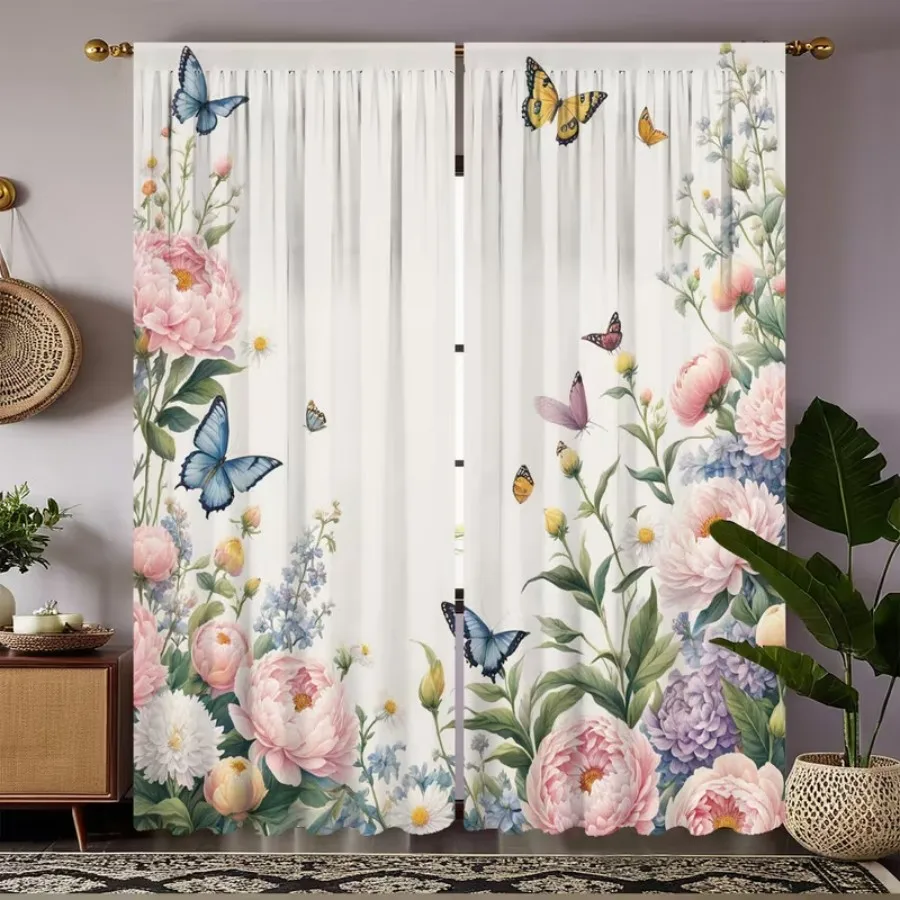 2 PCS Colorful Butterfly Curtains, Fresh Natural Style Window Drapes for Living Room Bedroom Home Decor Polyester Rod Pocket