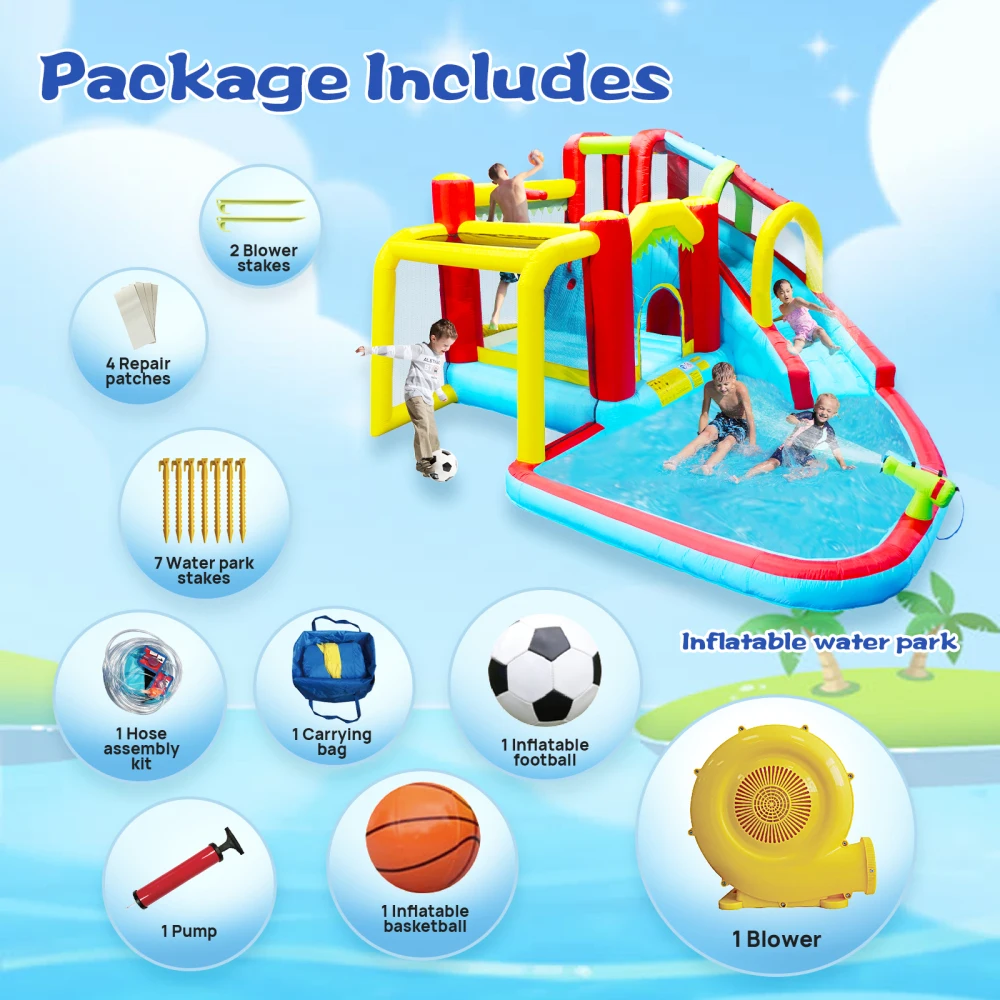 7-in-1 Inflatable Slide Water Park with Paddy Pool, Water Guns, Climbing Wall, Basketball and Football