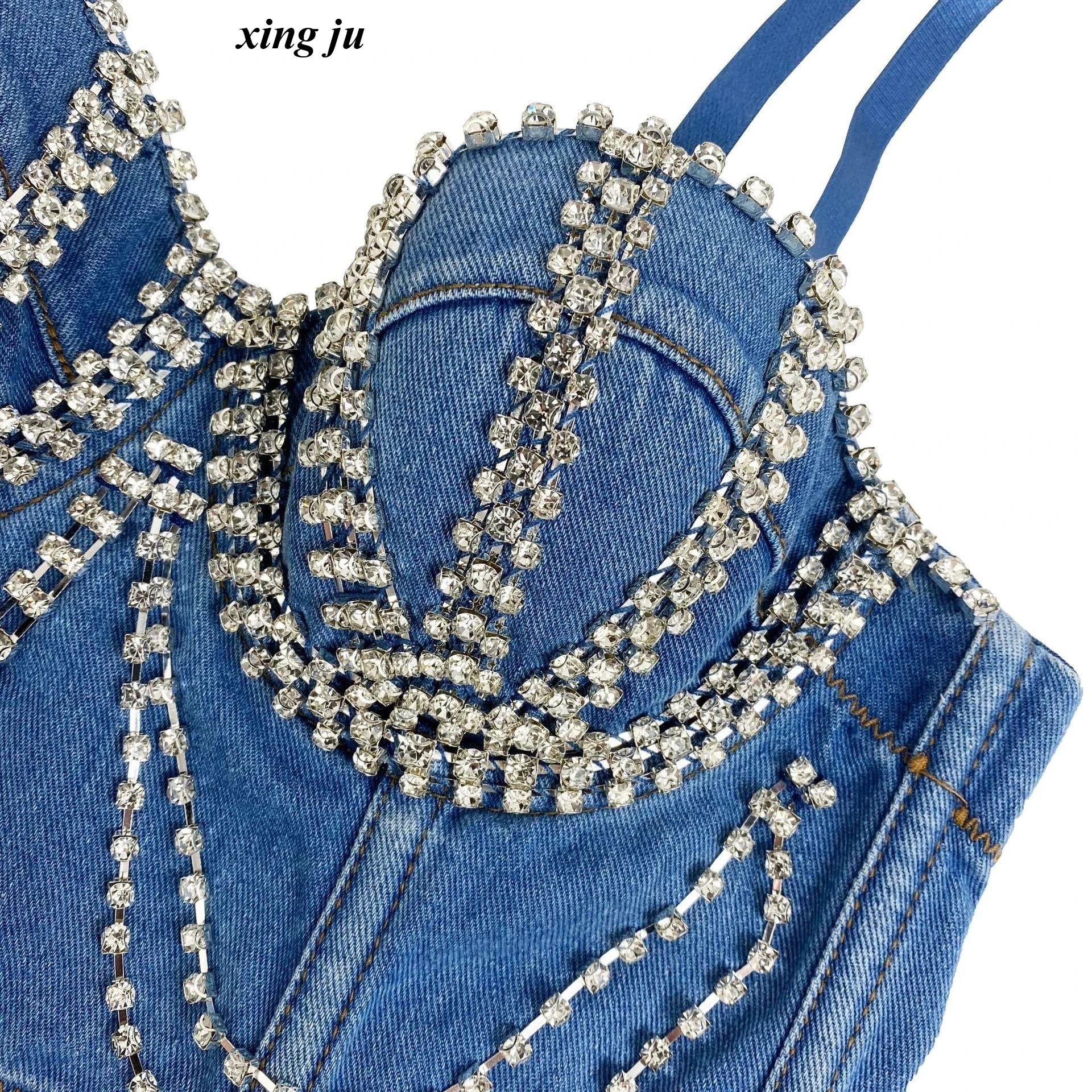Xing Ju Zanger Nachtclub Podium Diamant Slanke Tops Vrouwen Jazzdans Sexy Backless Denim Sling Vest Vrouwen Party Prestaties Slijtage