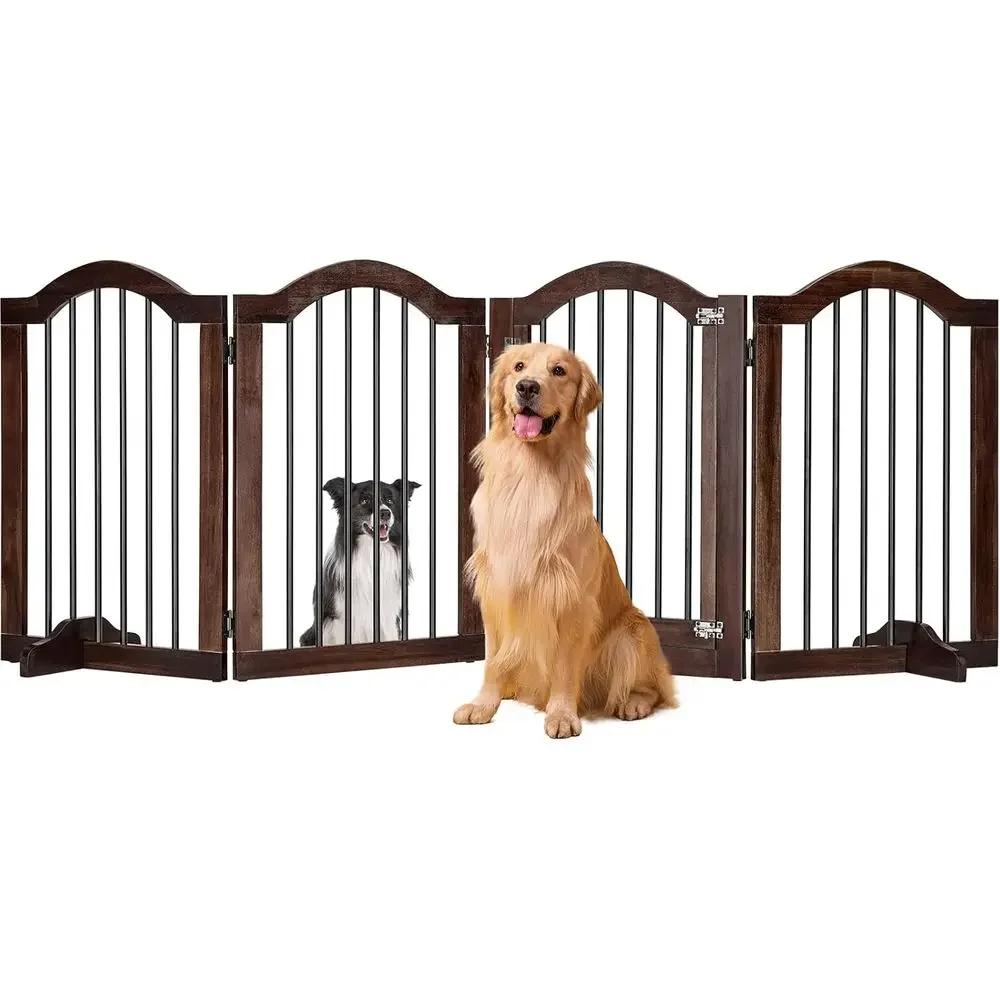 

4-Panel 96 Wide 30 Tall Solid Acacia Wood Pet Gate with Door, Suitable for Indoor Use, Stairs, and Doorways, Brown