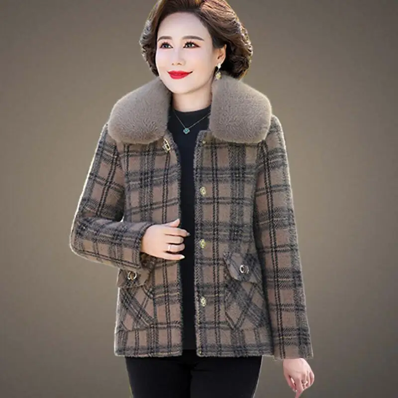 Plush Thicken Warm Women Mink Velvet Jackets Fashion Plaid Casual Loose Elegant Woolen Overcoat 2023 Autumn Winter Female Coat