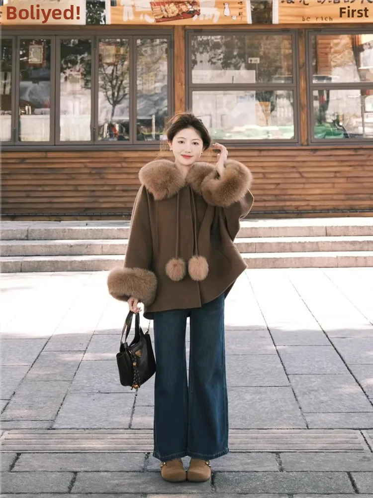

Winter Women's plus Size Coat And Jeans Set with Faux Fur Collar Oversize Sweater High Waist Denim Pants Two Piece Outfit