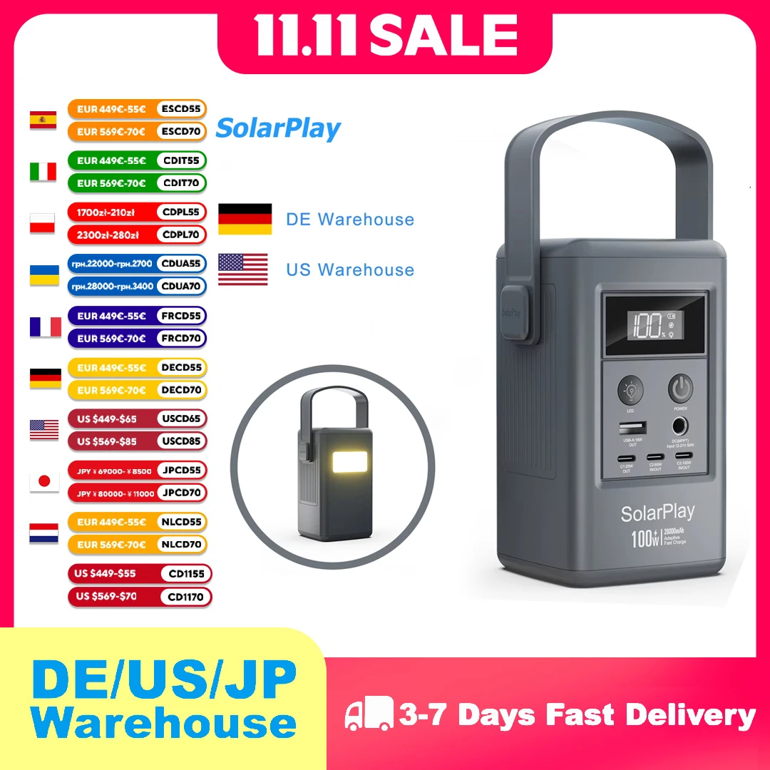 

Портативная электростанция SolarPlay 100 Вт Q100 96,2 Втч, генератор зарядки, резервный генератор для кемпинга, на открытом воздухе для путешествий, дома на колесах, телефона, ноутбука