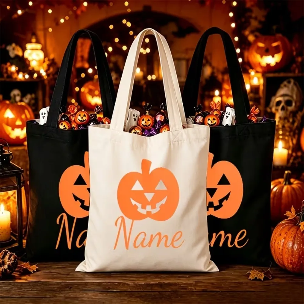 Custom Halloween Tote Bag Pumpkin Graphic Personalized Name Reusable Shopping Bag Spooky Season Party Gift