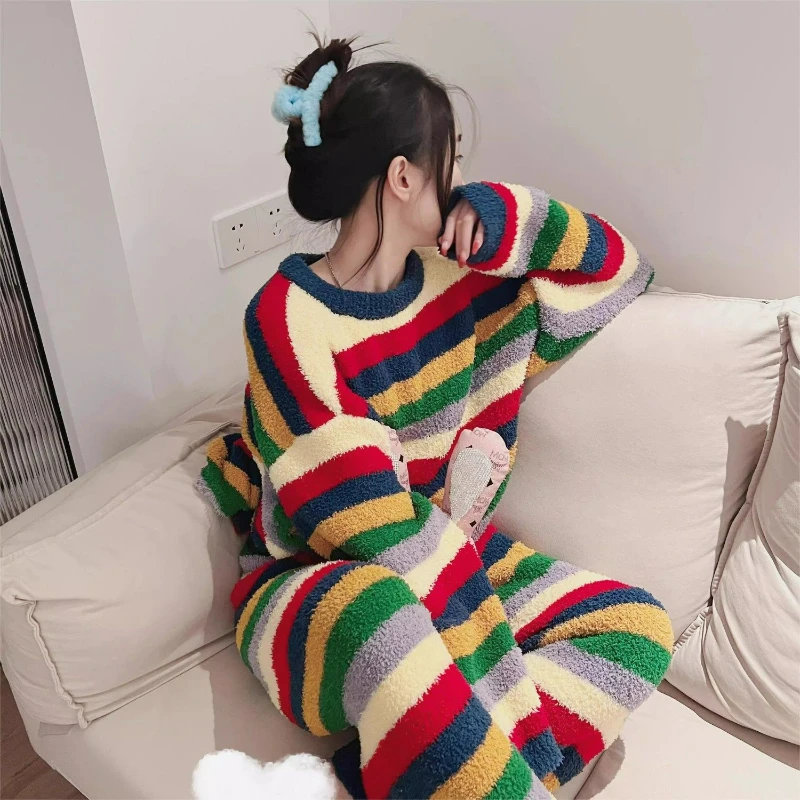 Instagram Red Contrast Color Striped Half Cashmere Pajamas Women Winter Thick Warm Soft Soft Home Wear Plus-size Worn Outside