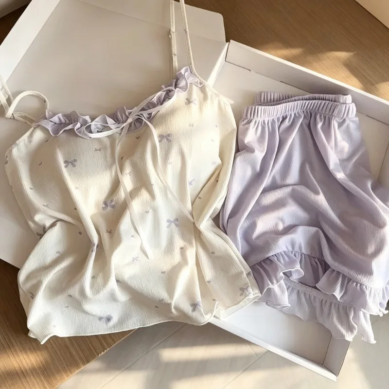 Pajama Set Cute Sweet Women Summer New Camisole Women's Pajama Set Ruffle with Chest Pad Ladies Casual Sleepwear Loungewear