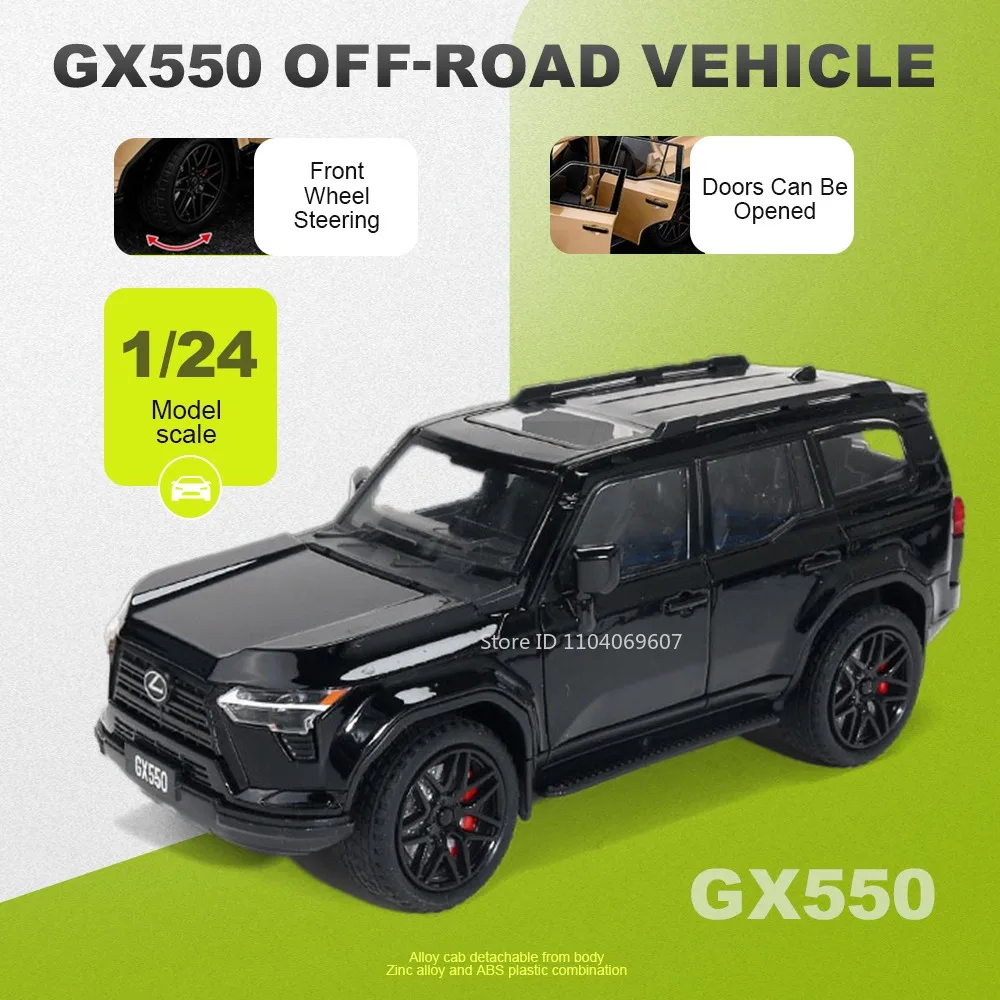 

Машинка-внедорожник 1:24 GX550 LX600, модель из сплава, с амортизацией, открывающиеся двери, откат назад, звук и свет, подарок на день рождения для детей