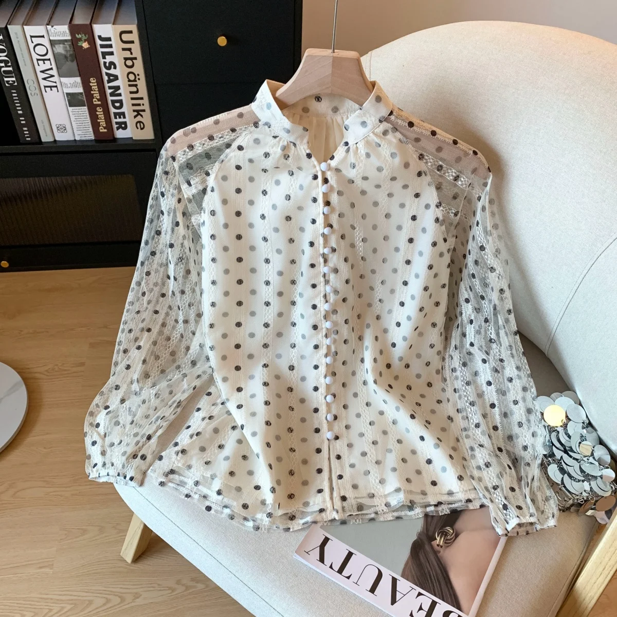 

Polka Dot Long Sleeve Women's Summer New Style Atmosphere Loose Slimming Chiffon Top Button up Sun Protection Shirt