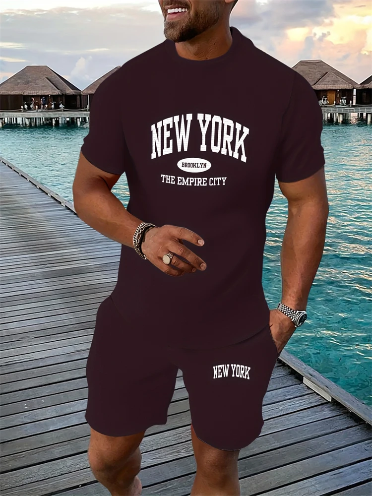 Popular Men's T-Shirt Sports Set Black And White Hawaiian-Style Breathable Set Round Neck Short Sleeve Top Drawstring Shorts