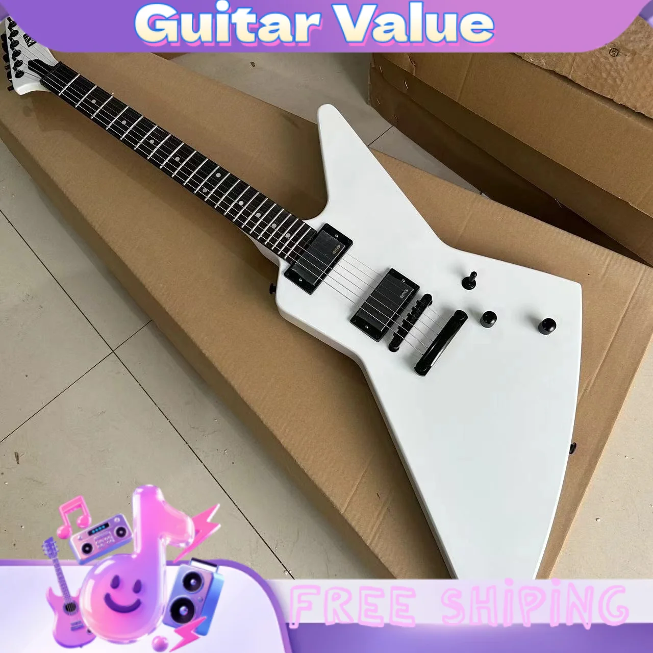White Shaped Electric Guitar Alien-Shaped Rock Guitar Mahogany Body Maple Fingerboard HH Pickups 22 Tone Dot Fingerboard Inlays view 4