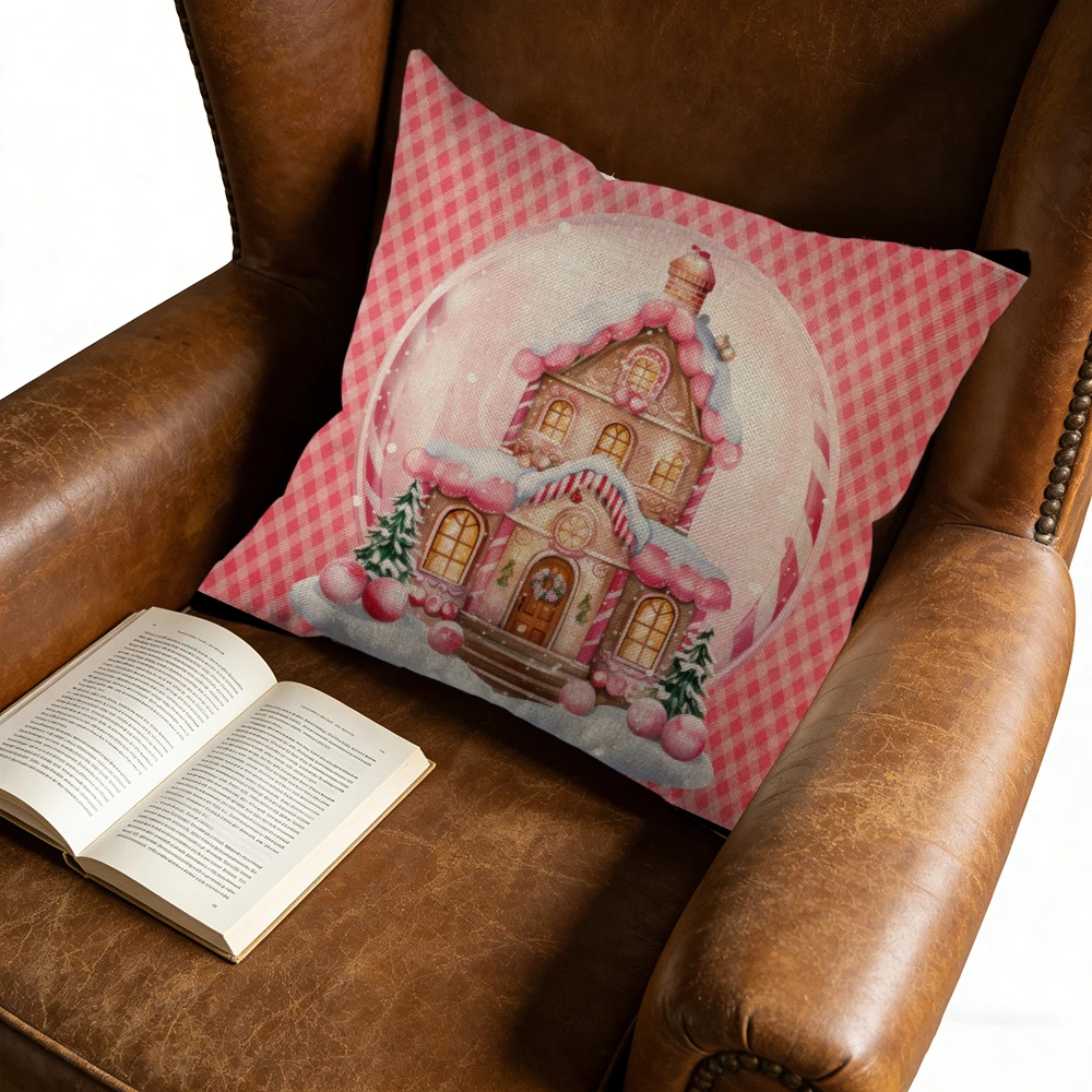 1pc Christmas Style Cushion Cover Pink Gingerbread House Print Pillowcase For Sofa Bed Decorative Throw Case 45x45cm