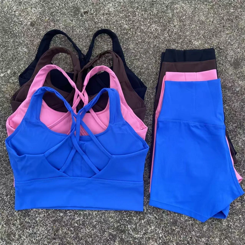 

Комплект для йоги, фитнес-костюм, комплект из 2 предметов, спортивные шорты, женский спортивный бюстгальтер с перекрестной спиной, короткие леггинсы с высокой талией, спортивный костюм для бега и тренировок