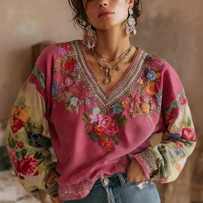 

Винтажная свободная блузка с цветочным принтом, рубашки, элегантные женские топы с v-образным вырезом, пуловер, осенний лоскутный пуловер с длинными рукавами, Blusas Harajuku Mujer