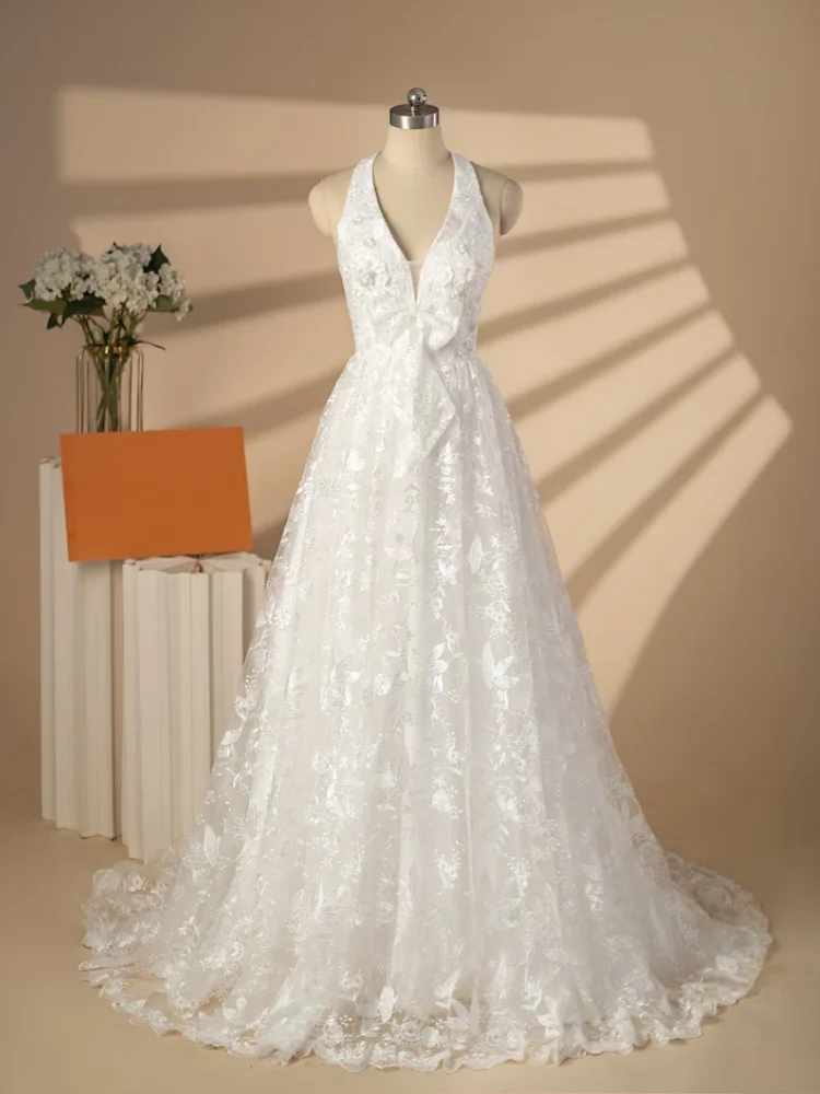 

Customized 2025 Latest Romantic And Elegant Camisole Deep V-Neck A-Line Lace Wedding Dress With Trailing Bow Tie Dress