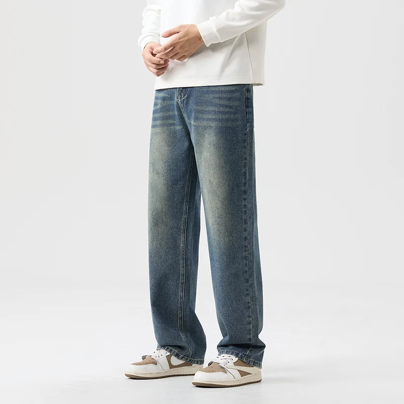 Heren retro-stijl losse pasvorm rechte pijpen wijde pijpen jeans 2025, herfst winter trendy vintage casual lange broek plus maat 38