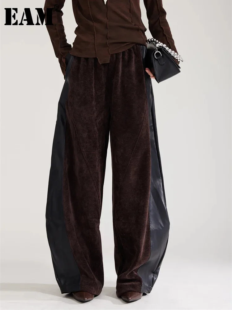 [EAM] High Elastic Waist Coffee Pu Leather Spliced Wide Leg Pants New Trousers Women Fashion Tide Spring Autumn 2025 1DH8028