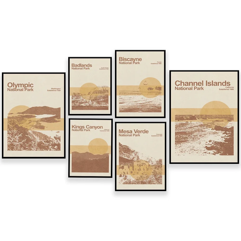 Crater Lake, Great Smoky Mountains, Channel Islands, Joshua Tree, Kings Canyon, Biscayne, Badlands National Park travel poster