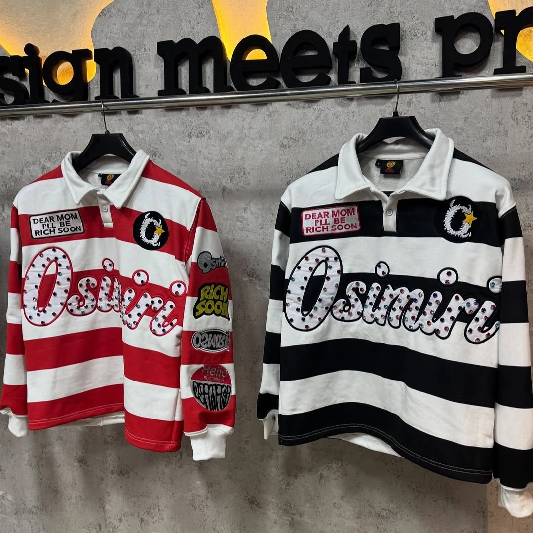 

Y2K Osimiri Studded Stripe Polo Shirts Trendy Diamond Studded Letter Embroidery Knit Lapel Shirt Retro Men Women Baseball Jersey