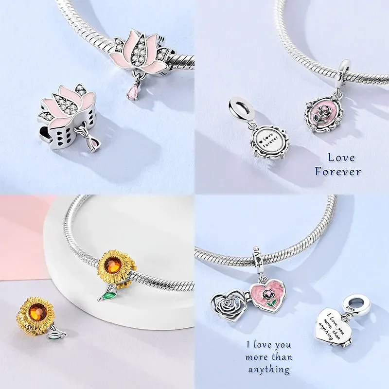 Lavender Iris Carnation Blossom CZ Original Charms Silver Plated Bead Fit Bracelets Bag Keychain Charms Diy Women Gift Accessory