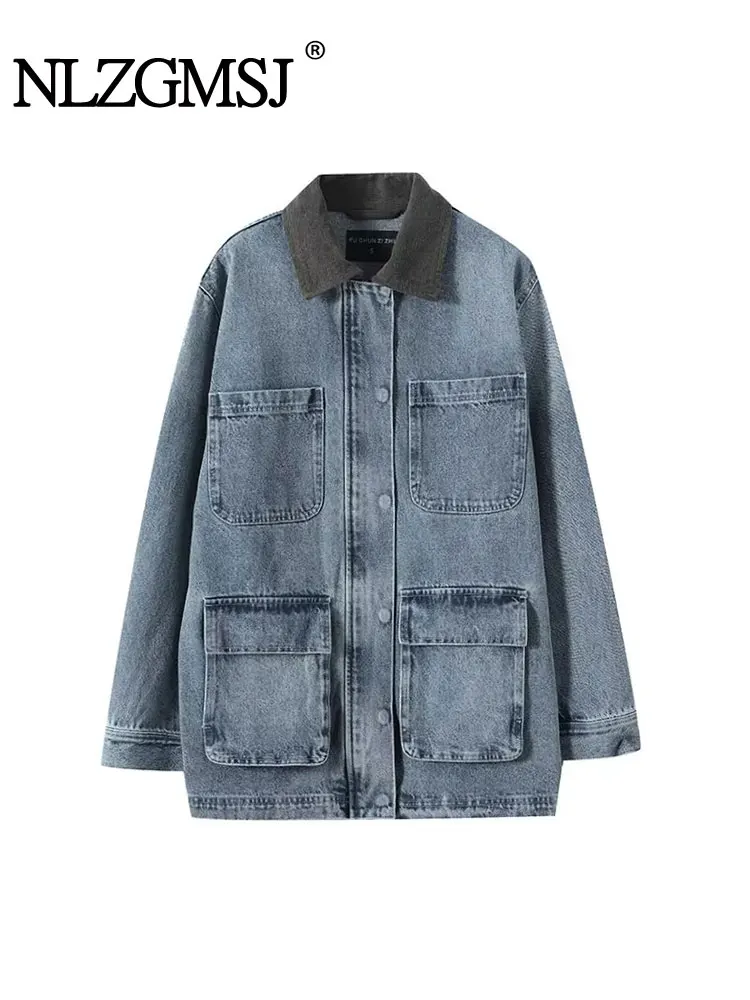 

NLZGMSJ повседневные шикарные женские джинсовые куртки с карманами, однобортное пальто с длинными рукавами, новая модная осенняя уличная куртка 2025 года