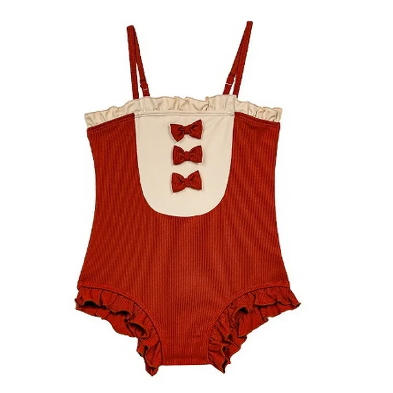 Girls Quick Drying Clothes Wine Red Cute Bow Agaric Edge Sling One Piece Swimwear Fashion Kids Beach Vacation Swimsuit  H01211