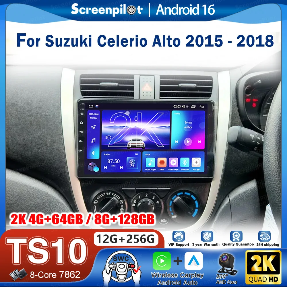 Rádio Automotivo Android 16 com Tela Touch QLED para Suzuki Celerio Alto 2015-2018, Reprodutor Multimídia com Bluetooth.