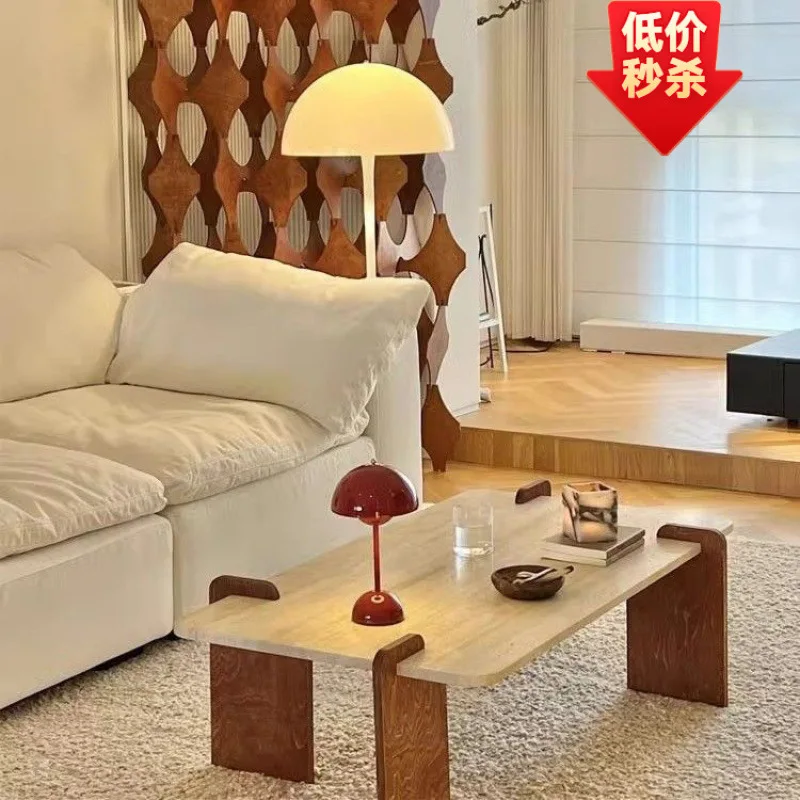 

Cream style tea table, vintage solid wood living room, small household, light luxury, square hole stone rock slab tea table