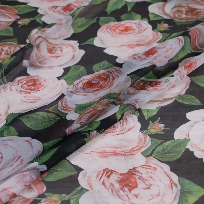 Peony Rose Chiffon Polyester Printed Fabric for Dress Italian Brand Thin Clothing DIY Shirt Cloth for Sewing by the Yard Materi