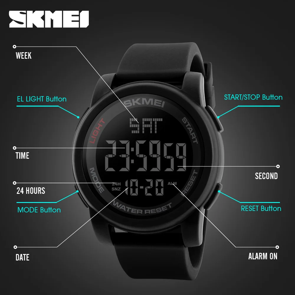 Skmei 1257 Reloj Hombre Sporthorloge Mannen Wekker 5bar Waterdichte Horloges Multifunctioneel Digitaal Horloge