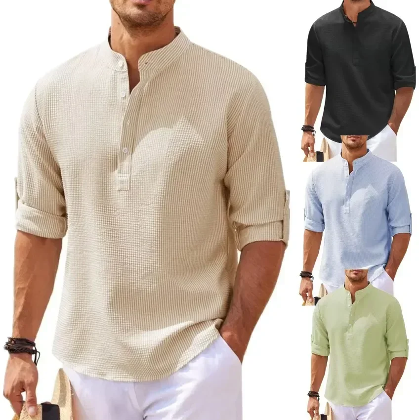 Cotton Linen Hot Sale Men's Long-Sleeved Shirts Spring Autumn Solid Color Stand-Up Collar Casual Beach Style Plus Size S-5XL