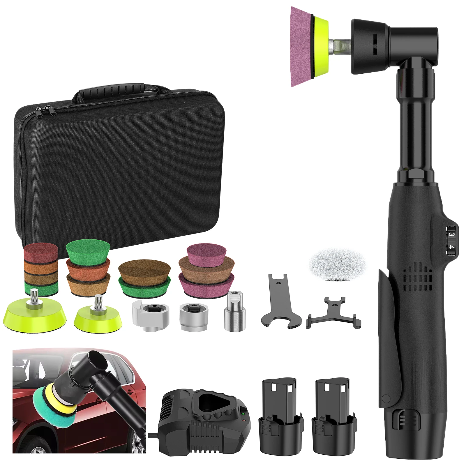 Polisseuse de voiture sans fil 12V, mini polisseuse RO/DA pour éliminer les micro-rayures, polisseuse de détail sans fil avec vitesse réglable et 2 batteries