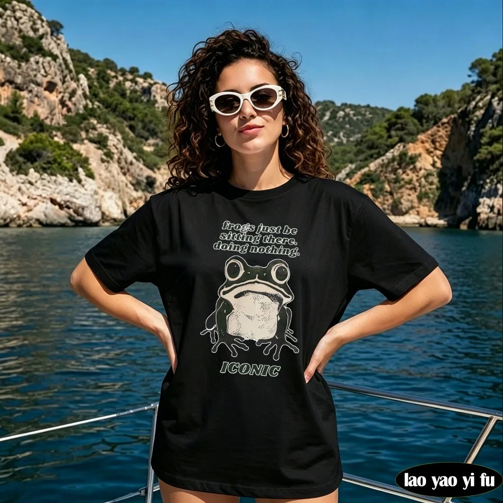 Doing Nothing Iconic Frog Tee Women Retro 90s Cartoon Style Funny Frog Meme Print Tshirt Whimsical Vibe Summer Casual Outfit
